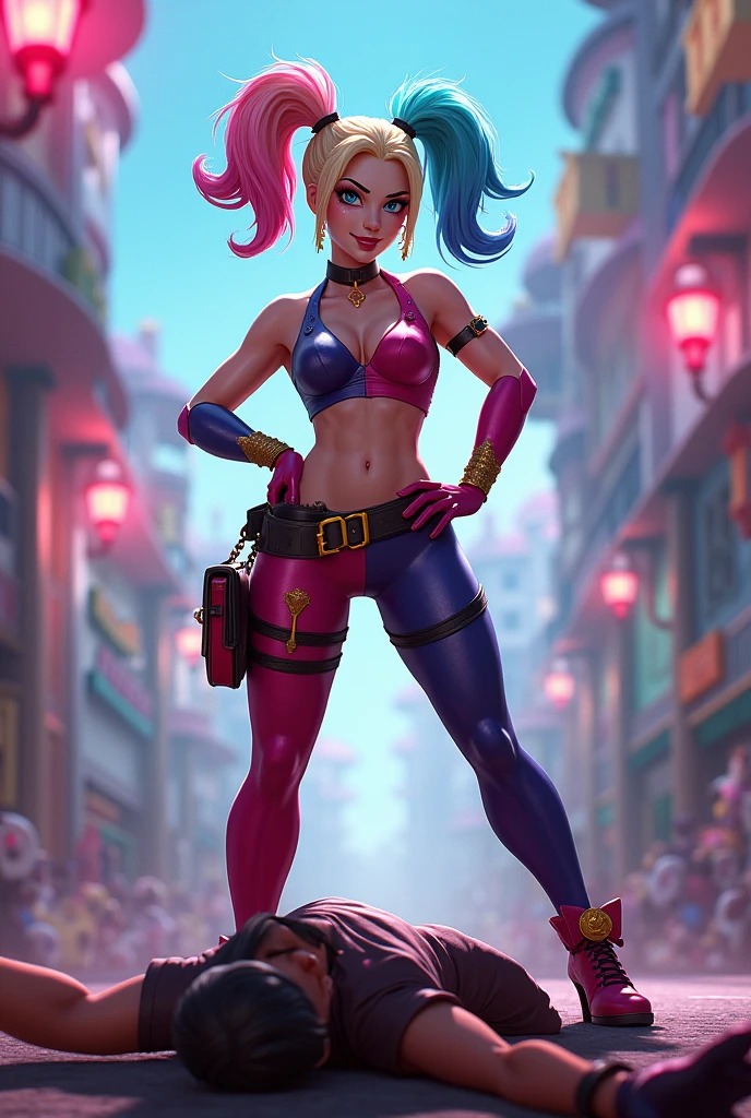 Harley Quinn defeating a character lying in ground in a multiversus videogame stage