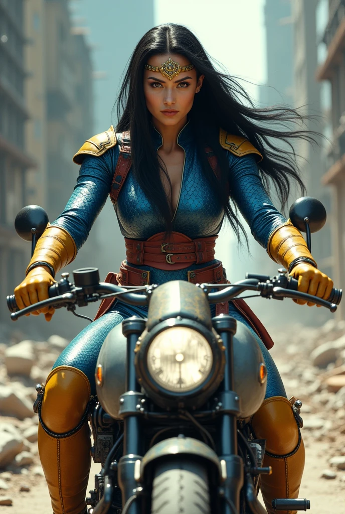 (((In extreme close-up a beautiful woman with long black hair ((((((Diaema in golden circles on her forehead))))))Under the cloak of Big Barda light eyes her superheroine costume is samurai themed. Her usual costume is a blue leather jumpsuit with scales all over the suit and a gold armor corset over her jumpsuit, thick red belt, burnt yellow boots and gloves on a large, high-cylinder futuristic motorcycle in an apocalyptic city with a lot of destruction.))),(((without cape))),(((preview side images))),