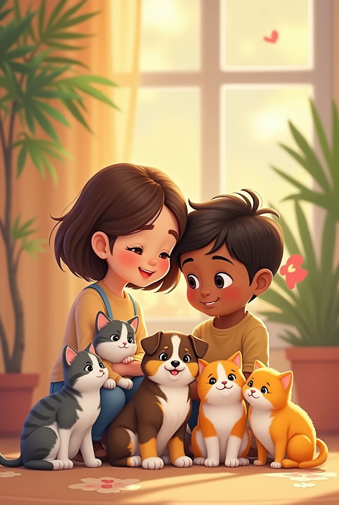 An adult girl with white skin and short brown hair and a sweet dark-skinned boy with dark brown hair and a kitten with gray stripes and a yellow cat and a fluffy dog with brown spots and a white girl with brown hair