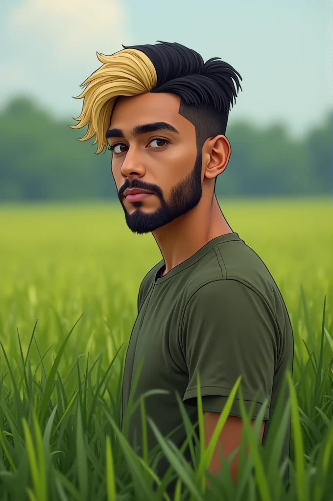 Young 3 Latino man with a beard, with no one around him, just him in a green field, a little square face, medium-sized ears, not so long straight hair combed to the right with a dry texture, with all the hair on the front painted blonde color and the rest of the hair in black
