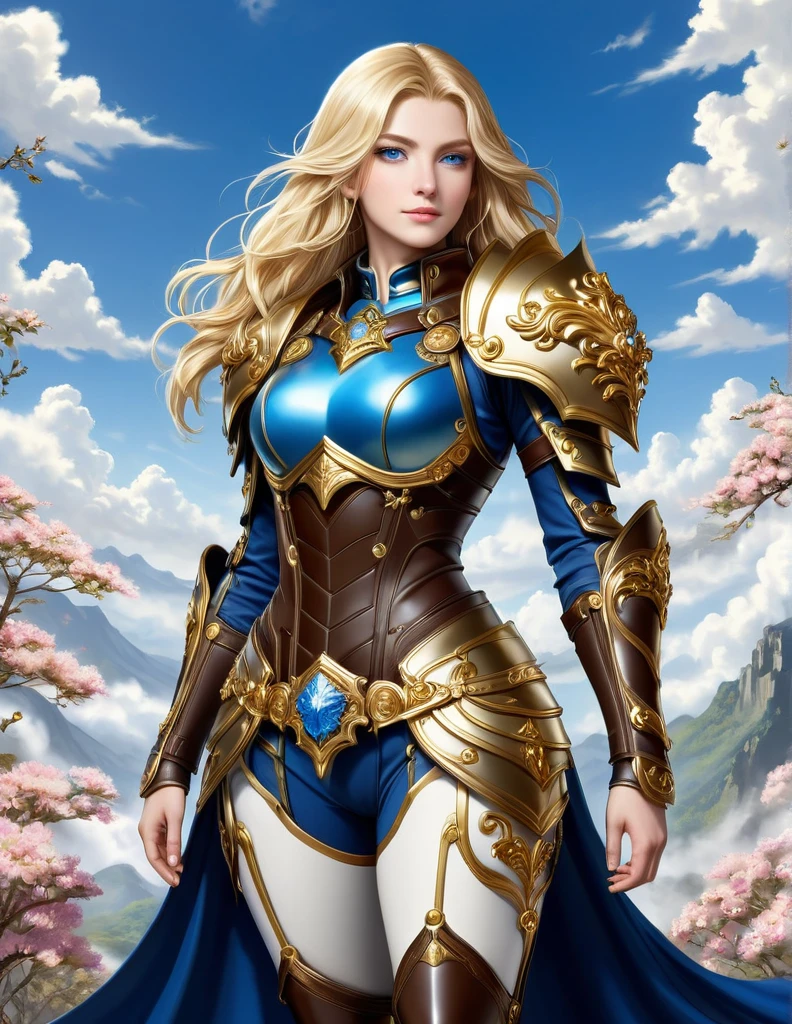 A full-length portrait of a young woman in anime style., with long, light blonde hair, framed by a white mantle adorned with gold details. He has deep blue eyes and wears blue armor with a gorget., shoulder pads, gorjal, peto, backrest, codales, bracers, gauntlets, hidden, Don Quixotes,  with intricate knee pads, carvings, escarpments of leaves and flowers., and pieces of gold metal covering their shoulders and arms.. A dark brown leather belt with metal buckles secures his armor at his waist... He wears brown leather boots., Standing in a dynamic action pose. A cross-shaped pendant adorns his chest.. The background features a blue sky with fluffy clouds., highlighting its majestic and noble appearance, visible from head to toe.