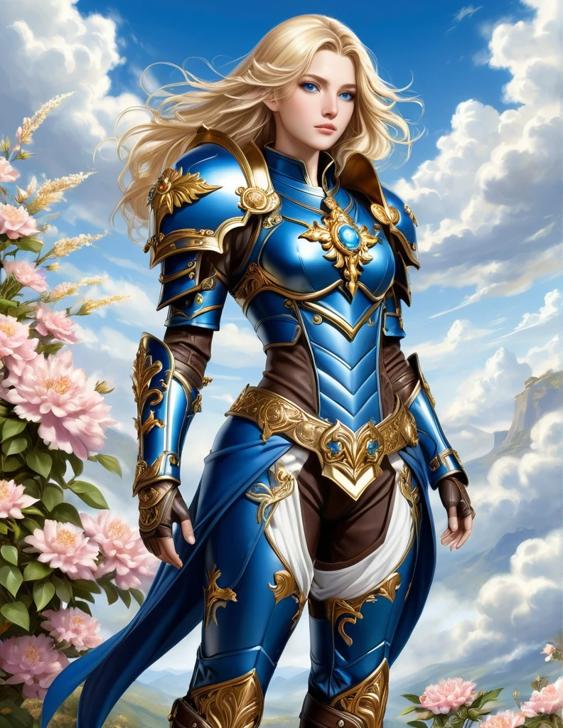 A full-length portrait of a young woman in anime style., with long, light blonde hair, framed by a white mantle adorned with gold details. He has deep blue eyes and wears blue armor with a gorget., shoulder pads, gorjal, peto, backrest, codales, bracers, gauntlets, hidden, Don Quixotes, with intricate knee pads, carvings, escarpments of leaves and flowers., and pieces of gold metal covering their shoulders and arms.. A dark brown leather belt with metal buckles secures his armor at his waist... He wears brown leather boots., Standing in a dynamic action pose. A cross-shaped pendant adorns his chest.. The background features a blue sky with fluffy clouds., highlighting its majestic and noble appearance, visible from head to toe.