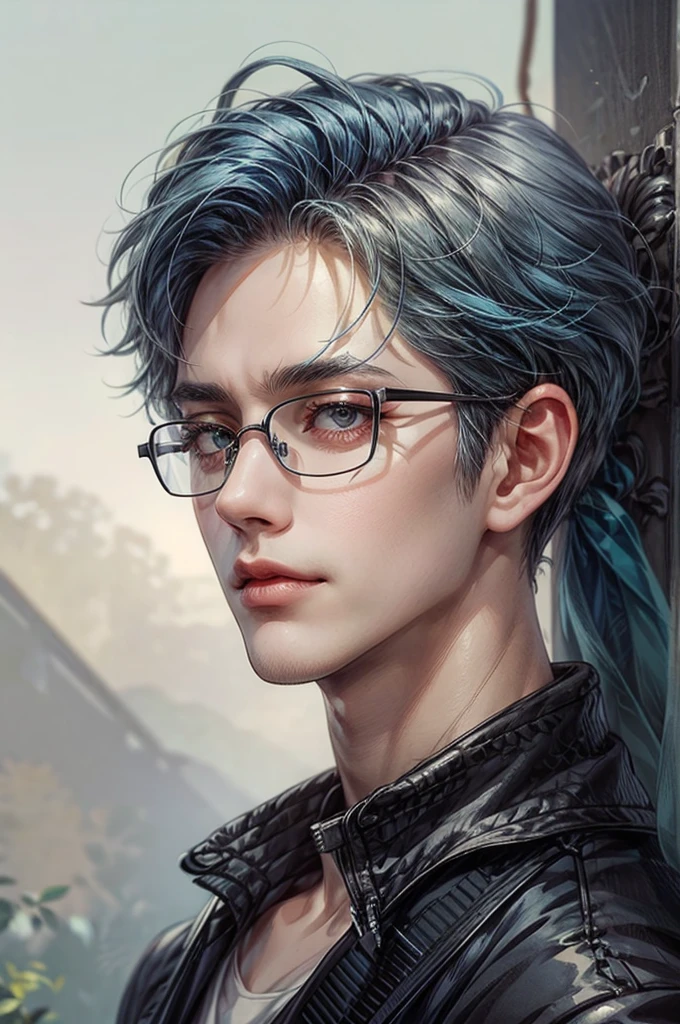 A young man with blue hair, black eyes, and glasses.
