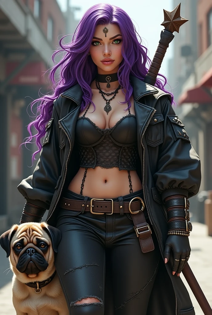White woman with green eyes and long wavy purple hair, curvy rock warrior in black with her chubby floppy-eared pug