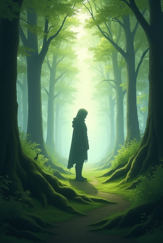 Create an image that reflects loneliness, tranquility and in a forest