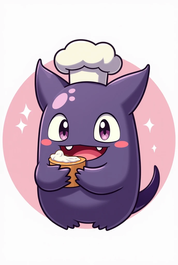 Animated Gengar character with cute eyes eating a delicious slice of yogurt with chef hat without background for a logo redondo