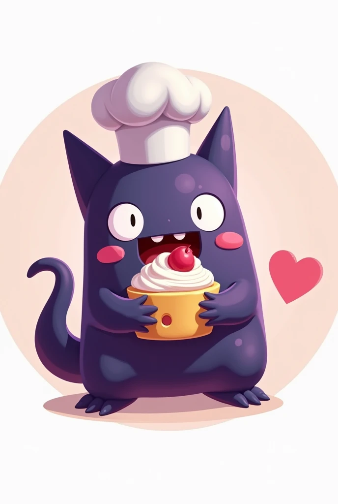 Animated Gengar character with cute eyes eating a delicious slice of yogurt with chef hat without background for a logo redondo