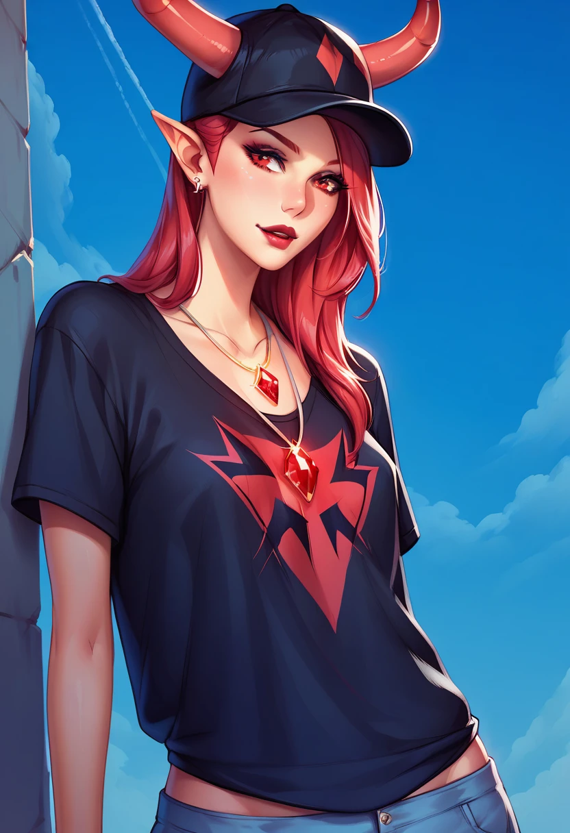 foreground,simple background,Background with neon rays of various colors,hyperdetailed,well defined details,hyper realistic,1 girl,graffiti hood,demon shirt,pierce,blood gem pendant