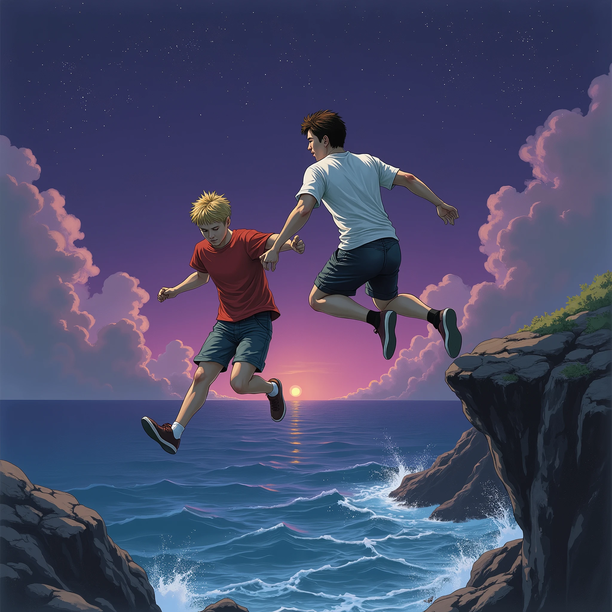 Draw the cover of a fantasy time travel novel,An overlapping picture of a middle-aged man with brown hair and a boy with blond hair.,The blond boy grew up to become the brown-haired middle-aged man,But because of the intersection of time, they met and ended up jumping off a cliff.,The dark purple sky above is dotted with stars, gradating to the deep blue sea below as the background of the picture.,Make the painting more tragic,Using the style of Korean comics。