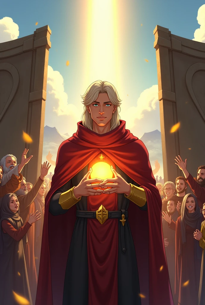 Elric returns to the village, walking through the gates with villagers cheering around him. The sky is bright, and the atmosphere is joyful. Elric looks thoughtful, with a soft smile, holding the glowing orb close to his chest.ndi