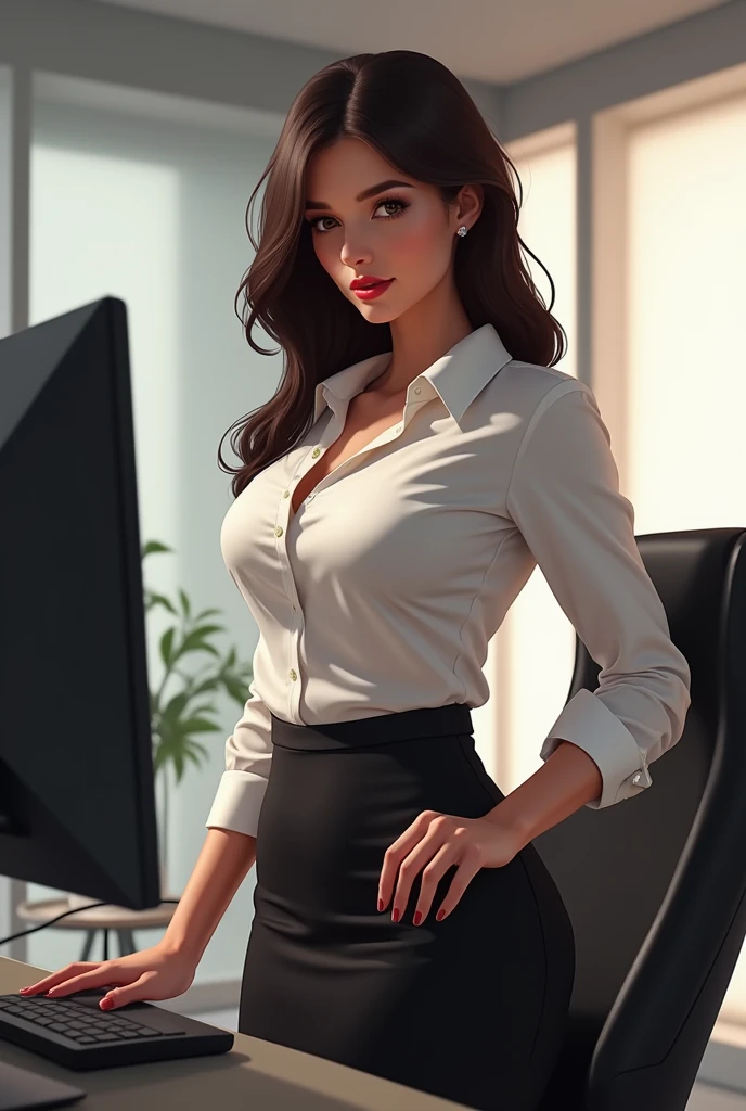 A beautiful sexy girls, pencil skirt, white shirt, in the office, (her was looking at the computer screen)