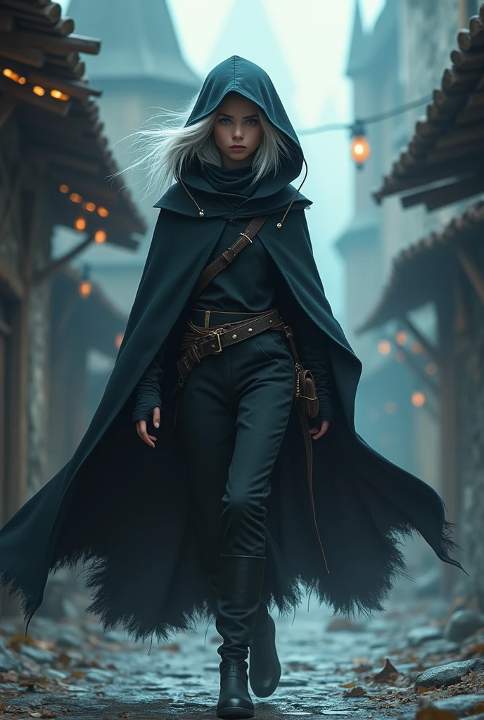 A thief aged girl in a hooded cloak. She has white puff hair and dark skin. Fantasy themed.