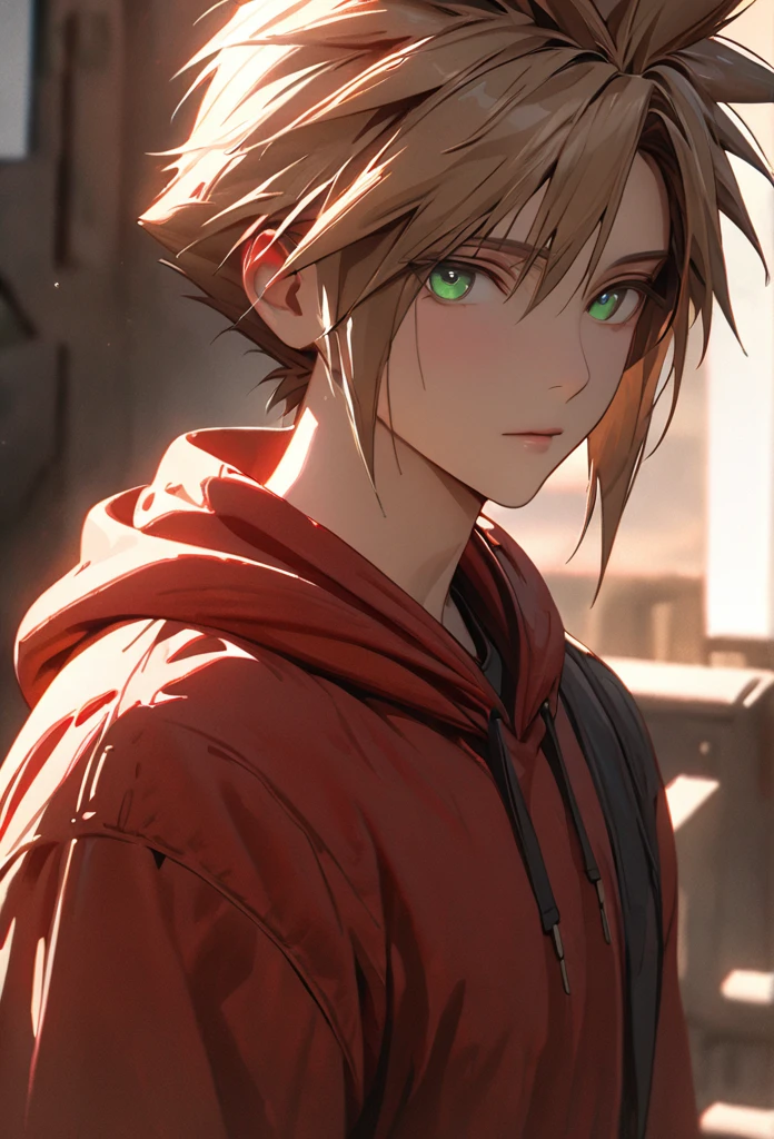 1boy, brown hair, hair likes cloud strife, red hoodie, blue jeans, pretty, tall, emotionless, middle long, light green eyes, high detail, masterpiece, super detail, high details, high quality, best quality, pretty, tall, emotionless, ((male face)), handsome, solo, looking at viewer, light, 4k quality,cinematic lighting, ray tracing, depth of field, cinematic lighting, ray tracing, UHD, high details, best quality, highres, high quality, award winning, super detail, masterpiece, 8k, UHD, high details, best quality, highres, high quality, award winning, super detail, masterpiece, 8k, digital art, anime coloring, full body, body shot, good face, perfect face, detailed face, good eyes, lab background, science lab,