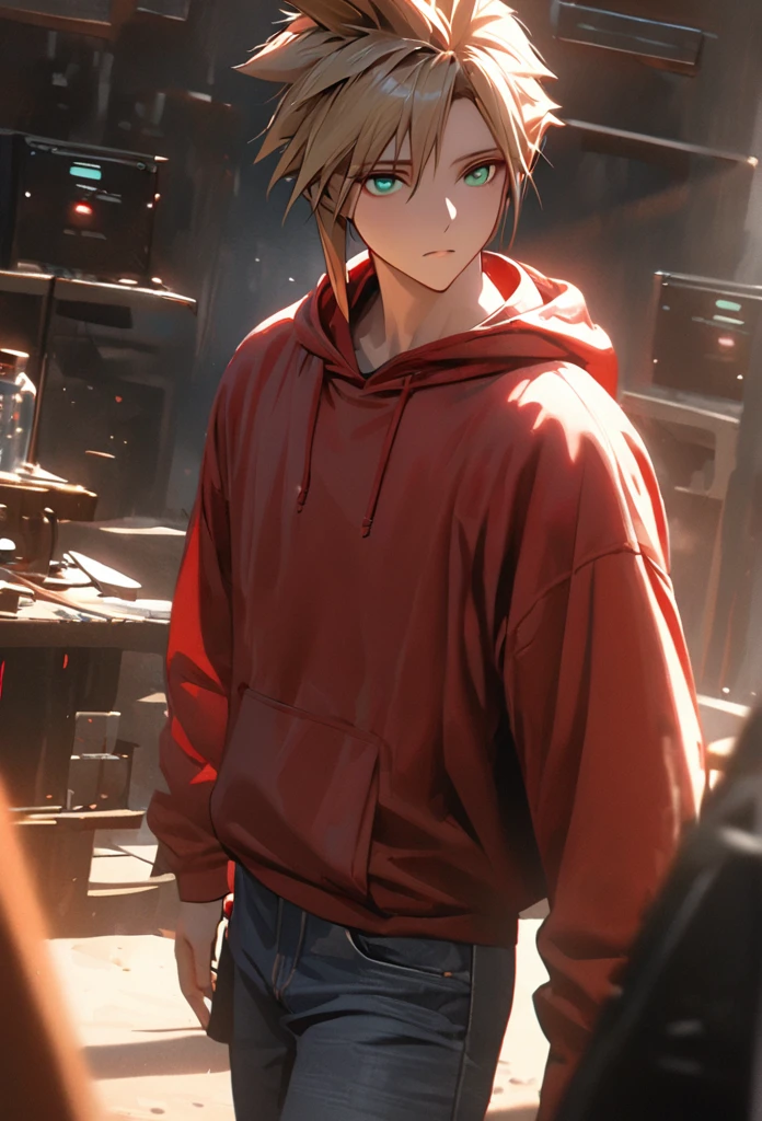  1boy, brown hair, hair likes cloud strife, red hoodie, blue jeans, pretty, tall, emotionless, middle long, light green eyes, high detail, masterpiece, super detail, high details, high quality, best quality, pretty, tall, emotionless, ((male face)), handsome, solo, looking at viewer, light, 4k quality,cinematic lighting, ray tracing, depth of field, cinematic lighting, ray tracing, UHD, high details, best quality, highres, high quality, award winning, super detail, masterpiece, 8k, UHD, high details, best quality, highres, high quality, award winning, super detail, masterpiece, 8k, digital art, anime coloring, full body, body shot, good face, perfect face, detailed face, good eyes, lab background, science lab,