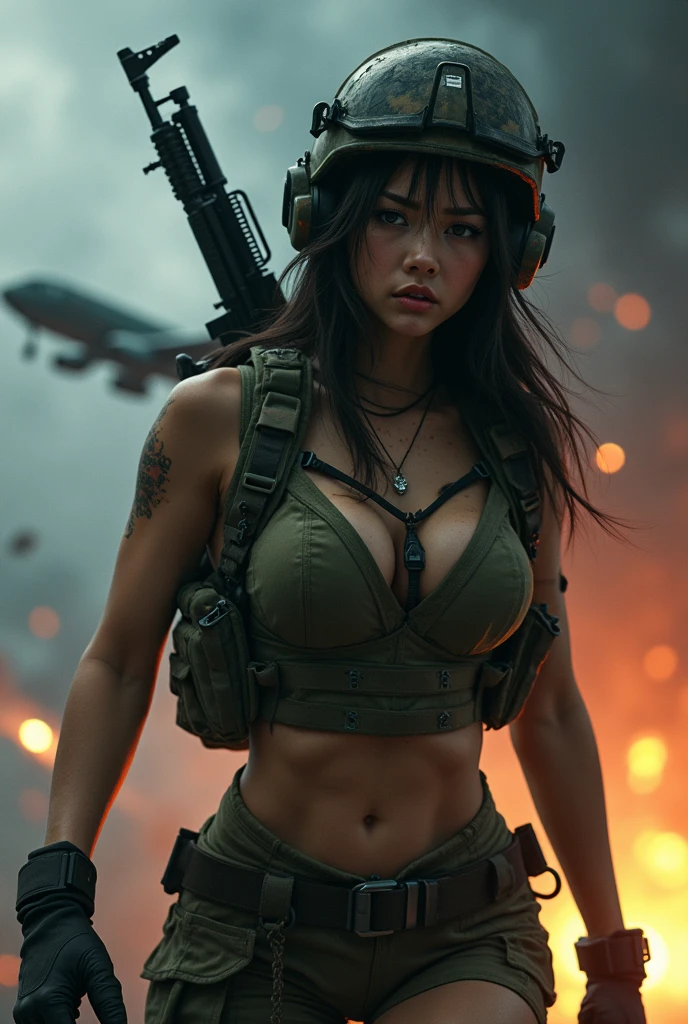 Photo-realistic, ultra-realistic, (very beautiful Japanese, famous Japanese idol:1.3), (Fully equipped for battle:1.5), large assault rifle on her back, (Experienced army paratroopers:1.5),(she is about to landing with parachute at Army skydiving mission at night:1.5), parachute is fully extended, (painful impressions, crying:1.3), (wearing an army paratrooper's Camouflage outfits with military helmet:1.5), very large breasts, (tactical vest, military harness:1.3), (military long boots:1), amazing aerial view of a military cargo plane hit by a missile and crashes, acrobatic pose, dynamic angle, spectacular, (injured:1.3), (muddied, damaged wears, damaged body:1.3),