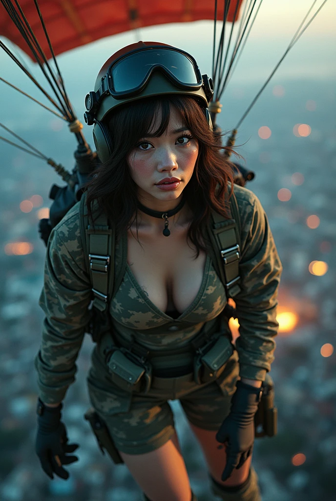 Photo-realistic, ultra-realistic, (very beautiful Japanese, famous Japanese idol:1.3), (Fully equipped for battle:1.5), large assault rifle on her back, (Experienced army paratroopers:1.5),(she is about to landing with parachute at Army skydiving mission at night:1.5), parachute is fully extended, (painful impressions, crying:1.3), (wearing an army paratrooper's Camouflage outfits with military helmet:1.5), very large breasts, (tactical vest, military harness:1.3), (military long boots:1), amazing aerial view of a military cargo plane hit by a missile and crashes, acrobatic pose, dynamic angle, spectacular, (injured:1.3), (muddied, damaged wears, damaged body:1.3),