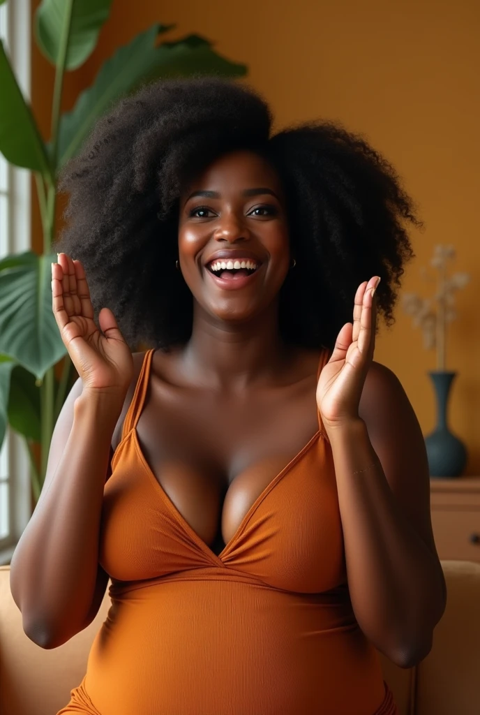 Generate an image of a black beautiful curvy lady looking excited about a good news. It should be realistic 