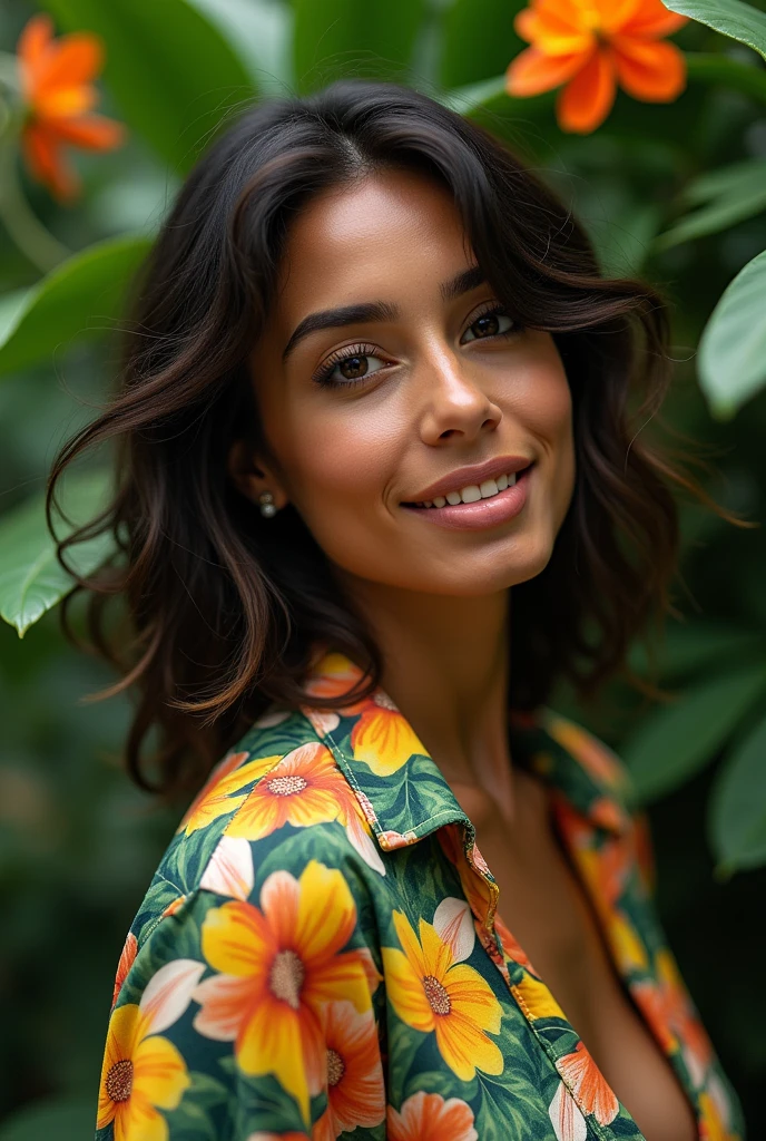A Brazilian woman in a lush tropical garden, wearing an open shirt with a floral print, with a close-up capturing the harmonious beauty between her breasts and the natural flowers, showing off your natural charm and outgoing personality.