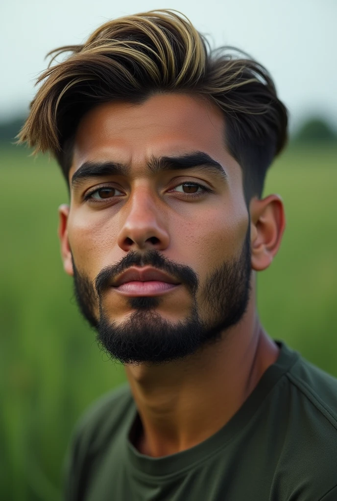 Young 3 Latino man with a beard, with no one around him, just him in a green field, realistic, a little square face, medium-sized ears, not so long straight hair combed to the right with a dry texture, with all the hair on the front painted blonde color and the rest of the hair in black
