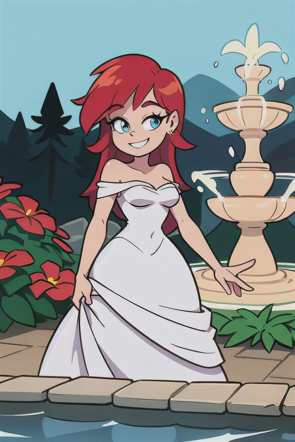 Best quality, Beautiful lighting, Ariel, long bright red hair, blue eyes, happy, 1 girl, solo, Bare Neck, Bare Arms, Bare Shoulders, white dress, Strapless White Ruffle Off-the-Shoulder Top, Long Skirt, Garden Background, water fountain, standing, looking at viewers