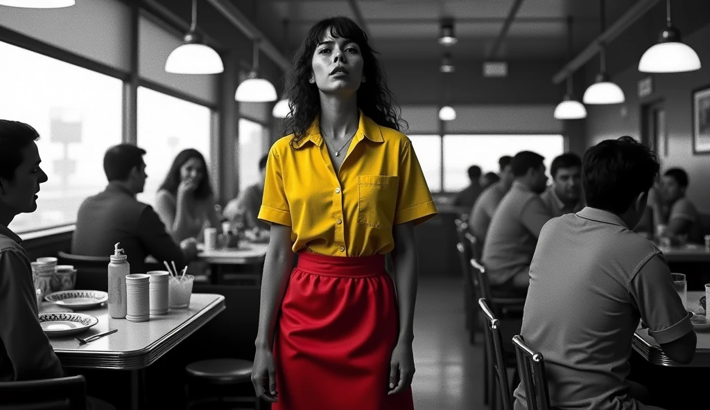 A distorted dramatic scene of a person working as a waitress in a diner, is exhausted, tired of working in this underemployment, customers sitting and having fun, the whole scene is black and white and the attendant is wearing colorful yellow and red clothes.
