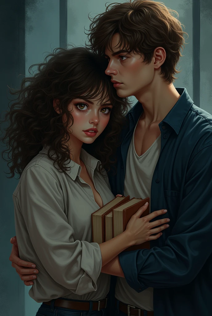 couple. Woman of , brown curly hair type 4c medium, Round face, full cheeks, eyes browns, in American college clothes, dainty, with an angry look, fearful, with books in his hands and a tall man, stark, with a mischievous look, blue colored eyes, Medium Brown Hair, expert, 2, dark romance