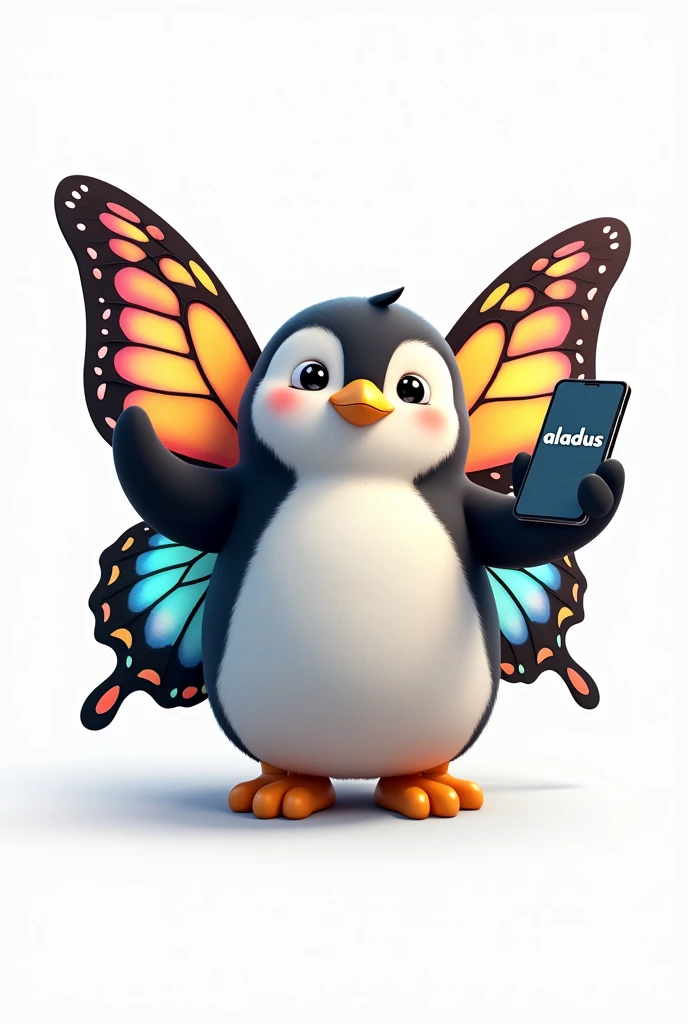 Penguin with cute face and colorful butterfly wings, holding a cell phone with writing "aladus "in hand, com fundo branco
