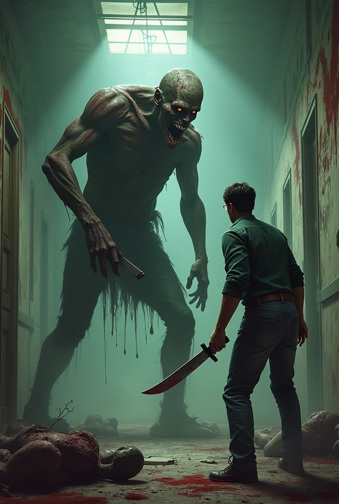 Abandoned hospital, man using a knife attacks zombie in front of him, zombie and dead