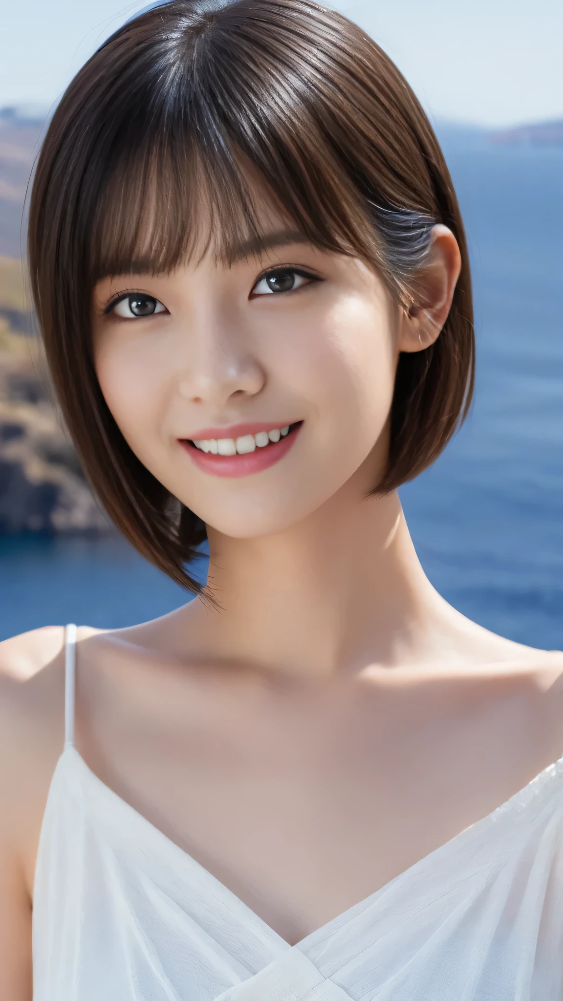1 girl, (Dress in the latest fashions:1.2), (RAW Photos, Highest quality), (Realistic, Photorealistic:1.4), masterpiece, Very delicate and beautiful, Very detailed, 2k wallpaper, wonderful, finely, Very detailed CG Unity 8k 壁紙, Very detailedな, High resolution, Soft Light, Beautiful detailed, Very detailed目と顔, Beautiful and detailed nose, Beautiful and beautiful eyes, short hair, small, The White House of Santorini, Blue sky and the Aegean Sea,
Cinema Lighting, Perfect Anatomy, Slender body, smile