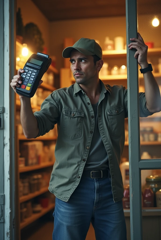 a small businessman using the card machine as a superhero shield to protect his business.