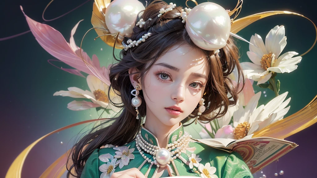 32K, 最高quality, 最高masterpiece, (ultra-Detailed Background, Detailed Background), High resolution, Super detailed, Very detailedな, 1 personの, (bouquet:1.3), (Tangled:1.2), (Geometric:1.2),(colorful),(masterpiece, quality, best quality, Official Art, Beautiful and beautiful:1.2), (1 person:1.3), Very detailed,(colorful:1.1)(Flowers:1.3),Most detailed,(Tangled:1.2), whole body, (Abstract background:1.3), (Skin glows), (Many colors:1.4), ,(Earrings Pearl:1.5), Light green background, It's imaginative., Brunette Hair, Updo, Holding a book, Holding a pen, Satin shirt