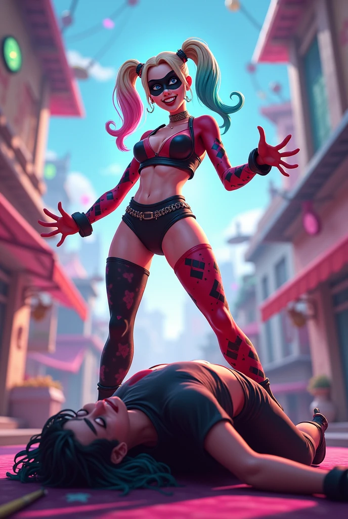 Harley Quinn defeating a character lying in ground in a multiversus videogame stage