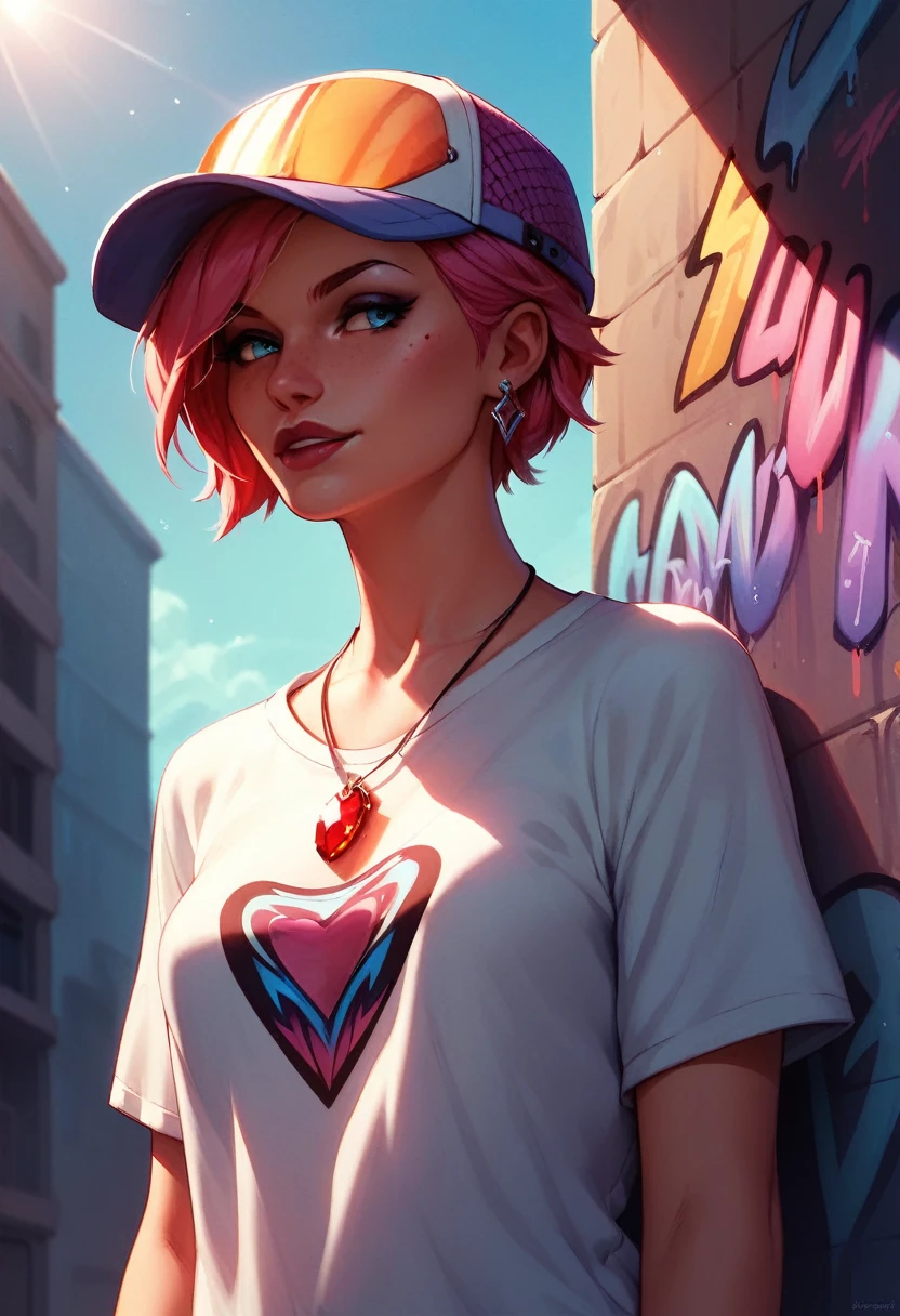 foreground,simple background,Background with neon rays of various colors,hyperdetailed,well defined details,hyper realistic,1 girl,graffiti hood,demon shirt,pierce,blood gem pendant