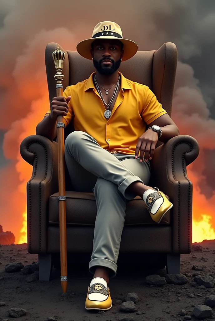 Forty year old black man, very elegant and sophisticated, strong athletic build, with a goatee, wearing jewelry and a modern bowler hat, gold polo shirt, light grey dress pants, without stockings,
Italian loafer shoes in gold and white with black diamond stone details. The initials DL are written on the hat band. The model is sitting on a throne with her legs slightly crossed.,holding a wooden staff, with diamonds and gold on top, in the middle of the smoking volcano.