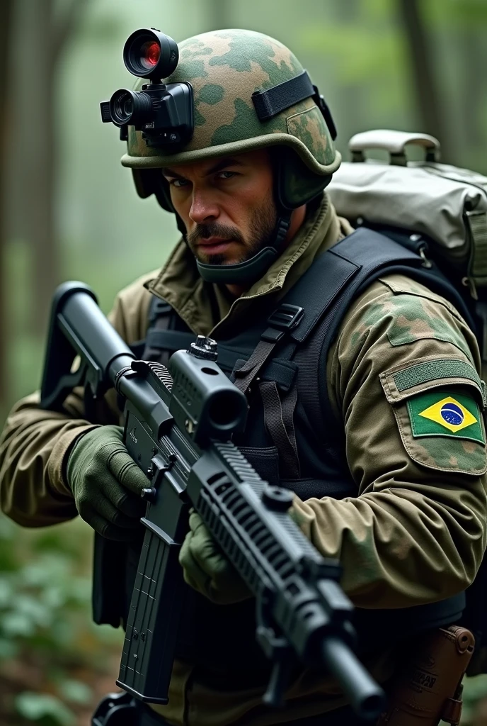 Create a soldier with the MK14 weapon wearing a camouflage helmet and a thermal camera attached to the helmet, wearing a black and green camouflage vest with the Brazilian flag and a large white backpack on his back