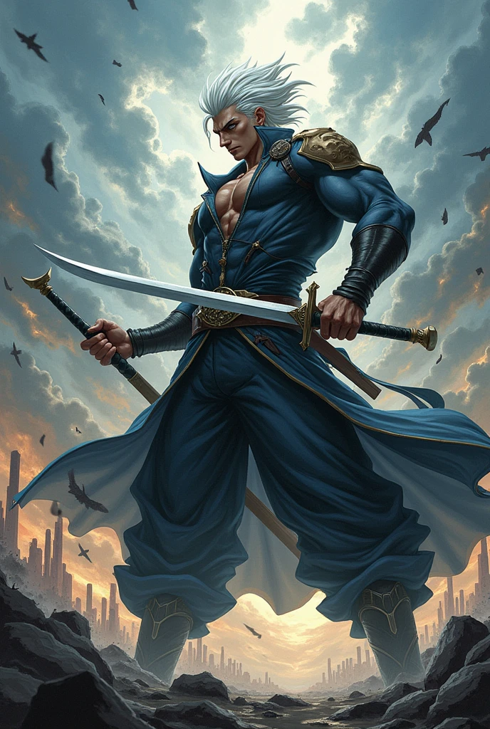 Create me a white haired anime man holding a sword at a heroic pose getting ready to fight