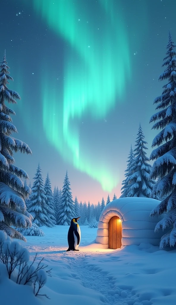 a beautiful glowing aurora, simple igloo, a penguin looking up at the aurora, night, a forest of frost-covered trees, (best quality,4k,8k,highres,masterpiece:1.2),ultra-detailed,(realistic,photorealistic,photo-realistic:1.37),stunning winter landscape, dramatic lighting, serene atmosphere, peaceful penguin, intricate details, soft glowing colors, magical aurora borealis, frozen wonderland, cinematic composition