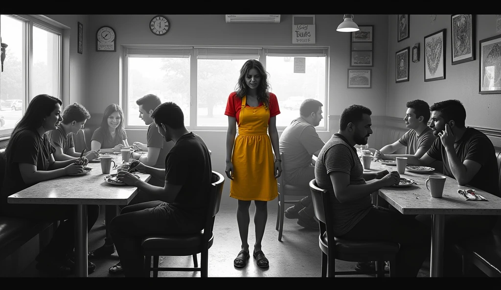 A distorted dramatic scene of a person working as a waitress in a diner, is exhausted, tired of working in this underemployment, customers sitting and having fun, the whole scene is black and white and the attendant is wearing colorful yellow and red clothes.
