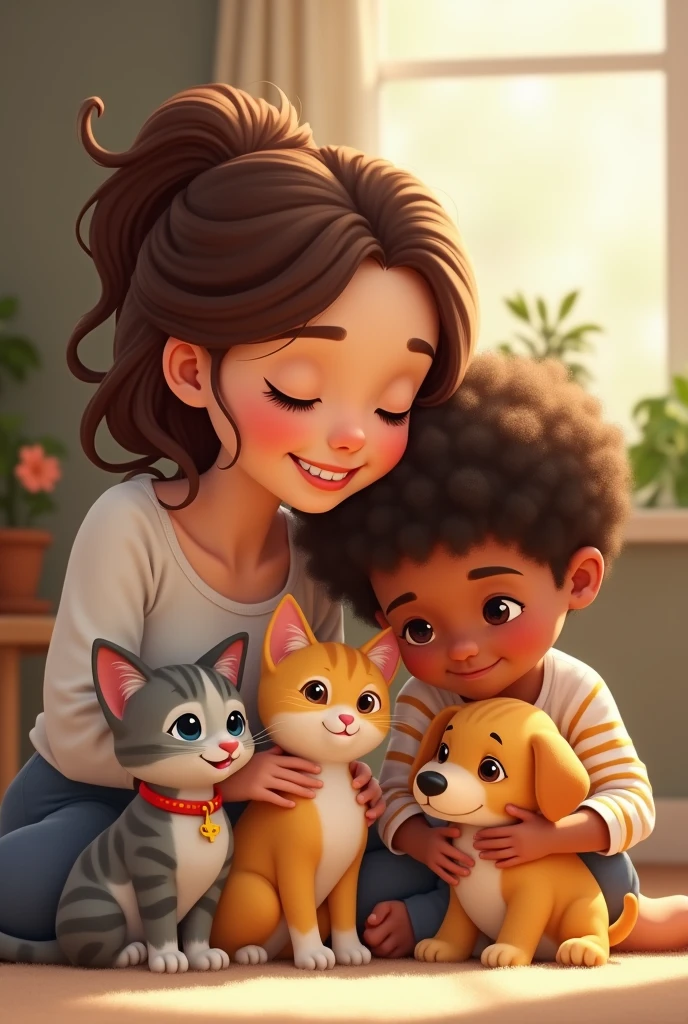 An adult girl with white skin and short brown hair and a sweet dark-skinned boy with dark brown hair and a kitten with gray stripes and a yellow cat and a fluffy dog with brown spots