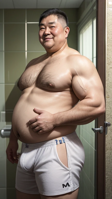 
An elderly chubby man in his 80s。
Asian Japanese Chubby Men。A gentle Japanese father。Big muscles。large limbs。Big Belly。Upper body naked。Short Hair。Fade Cut。
jockstrap。bulge。Gentle smile。
Dad。Macho。Short Hair。Fade Cut。
Shower room。
Low - Angle。jockstrap。