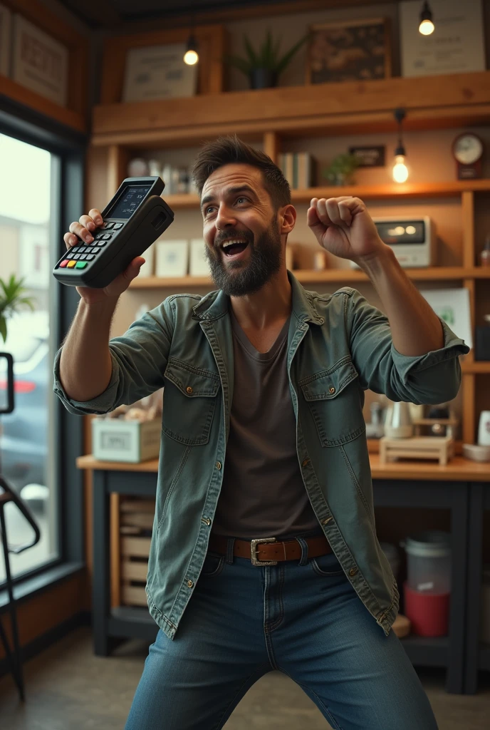 a small businessman using the card machine as a superhero shield to protect his business.