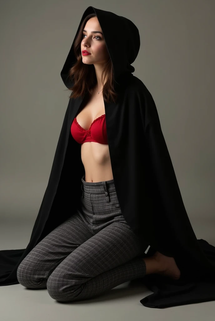 A girl wearing an abaya, her legs are open, sexy, sitting on the floor, her high heels are open, her chest and waist are black, her lipstick is red, her belly is open, her underwear is red, her skin color is very white, long black checkered pants 

