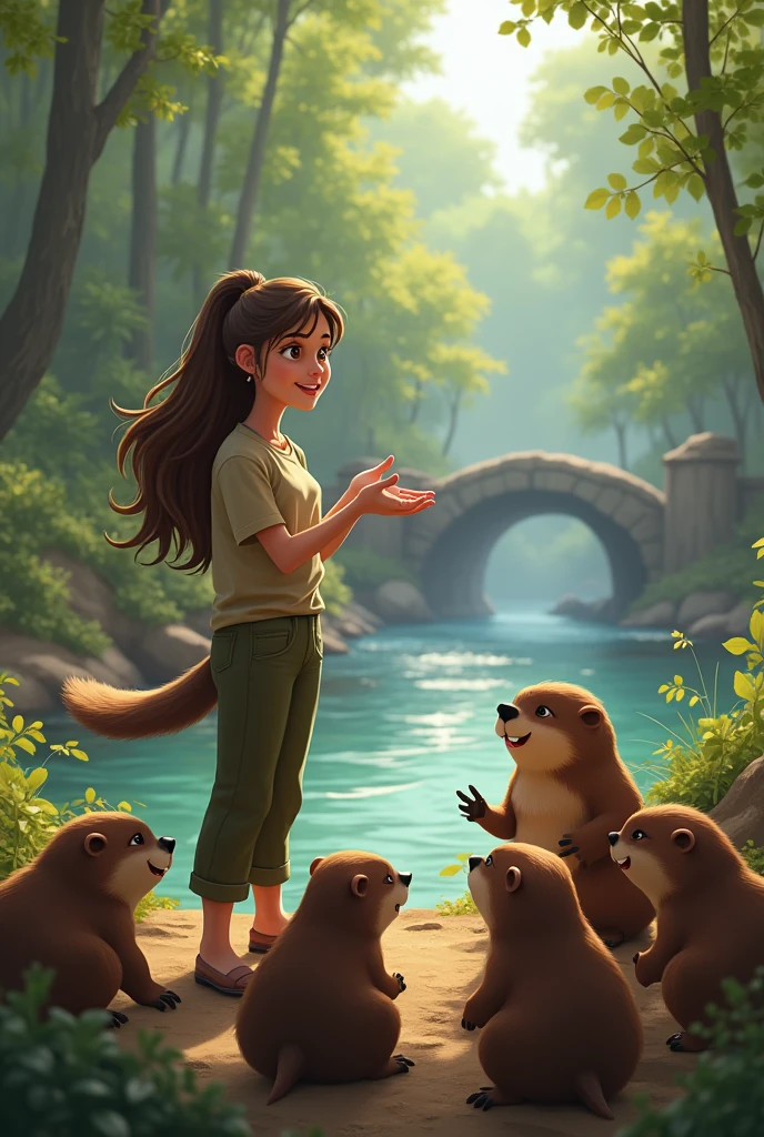 Lila talking to a group of beavers at the dam, explaining the situation and gesturing toward the river, with a collaborative atmosphere
