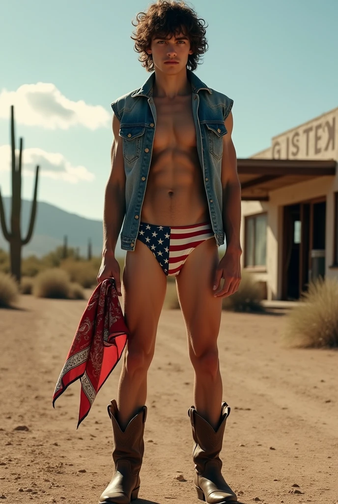 1boy, bulgej8, full body shot, full body angle visible from head to toe, full hd, arms detail, body detail, legs detail, face detail, feets detail, hands detail, slender body, soft thin face, standing, soft youthful face, white cold skin, curly dark orange shoulder-length hair, slip underwear with American flag print, a large pelvic bulge, detailed white cowboy boots on the feet, shirtless open detailed cowboy jacket, immense and grand desert with big rocks, sand floor, dynamic divine pose, an afternoon sky as seen in the background, dramatic lighting, full body, body hairless, dominating, white or white skin, gighly light, highly detailed, looking at the audience, photography, detailed skin, real person, crazy detail, hype maximization, lighting complex detail , Highly detailed, Digital painting, artstation, concept art, smooth, sharp focus, illustration, Unreal Engine 5, art by Ross Tran and Greg Rutkowski and Alphonse Mucha, Show men only .8k Ultra HD, dslr, dim lighting, high quality, film grain, Fujifilm XT3, 2-person, two-person model. hype surrealism, hype surrealism, by Shen Quan, perfect body, beautiful young male model, an attractive man 18-2 aesthetic, Sunshine sports student, asianboy, bulgej8, Noosphere, fantasy dark, light and cold aesthetics,