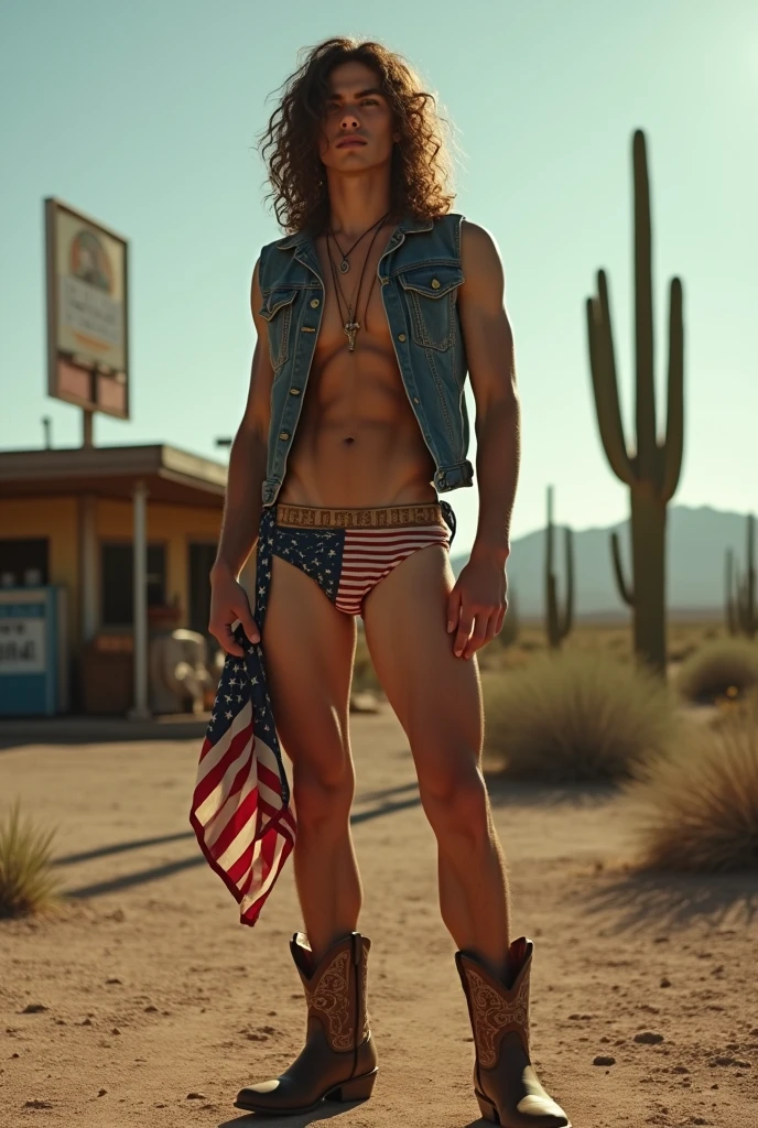 1boy, bulgej8, full body shot, full body angle visible from head to toe, full hd, arms detail, body detail, legs detail, face detail, feets detail, feet on the floor, hands detail, long curly hair, shaggy hair cut, slender body, soft thin face, wearing American flag slip underwear, sleeveless denim vest open without shirt, cowboy boots on foot, bandana in hand, desert road, cacti, abandoned gas station in the background, best quality, dramatic lighting, full body, body hairless, dominating, white or white skin, boy soft face, gighly light, highly detailed, looking at the audience, photography, detailed skin, real person, crazy detail, hype maximization, lighting complex detail , Highly detailed, Digital painting, artstation, concept art, smooth, sharp focus, illustration, Unreal Engine 5, art by Ross Tran and Greg Rutkowski and Alphonse Mucha, Show men only .8k Ultra HD, dslr, dim lighting, high quality, film grain, Fujifilm XT3, 2-person, two-person model. hype surrealism, hype surrealism, by Shen Quan, perfect body, beautiful young male model, an attractive man 18-2 aesthetic, Sunshine sports student, asianboy, bulgej8, Noosphere, fantasy dark, light and cold aesthetics,