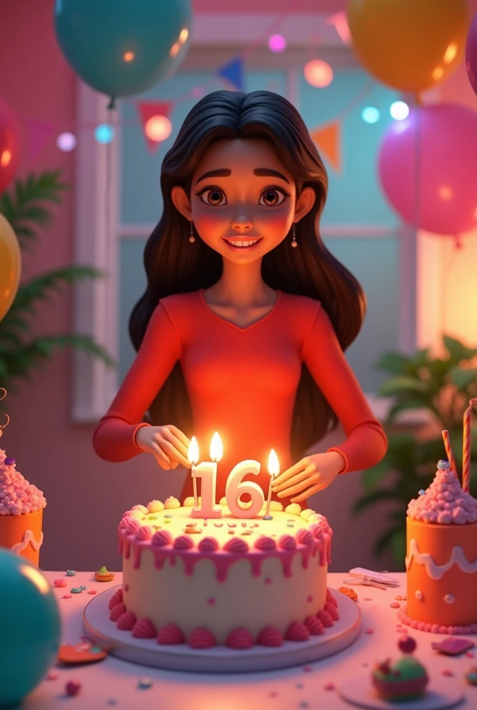 Create a 3d image in which a ager girl cutting Cake wearing red color top with Name "Divya" is written clearly on the Cake and 16 year candle burning on the cake , image features with birthday decorated view, realistic image, background decorated with birthday items