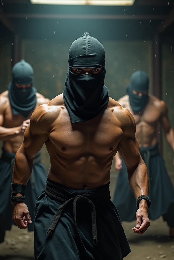 Japanese ninja training shirtless with just a balaclava with other ninjas