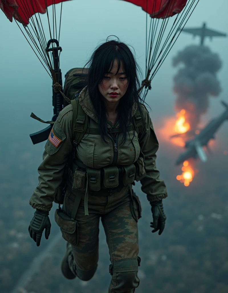 Photo-realistic, ultra-realistic, (very beautiful Japanese, famous Japanese idol:1.3), (Fully equipped for battle:1.5), large assault rifle on her back, (Experienced army paratroopers:1.5),(she is about to landing with parachute at Army skydiving mission at night:1.5), parachute is fully extended, (painful impressions, crying:1.3), (wearing an army paratrooper's Camouflage outfits with military helmet:1.5), very large breasts, (tactical vest, military harness:1.3), (military long boots:1), (amazing aerial view of a military cargo plane hit by a missile and crashes:1.5), acrobatic pose, dynamic angle, spectacular, (injured:1.3), (muddied, damaged wears, damaged body:1.3),