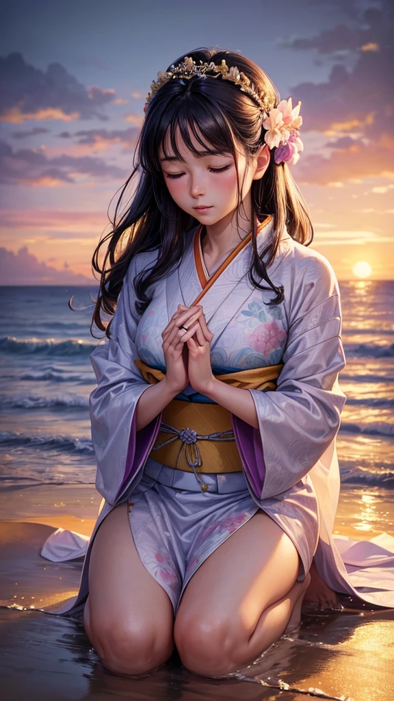 beautiful woman kneeling in prayer by the seaside, eyes closed, hands gently pressed together, wearing elegant traditional Japanese kimono in soft pastel colors with intricate floral patterns, delicate obi sash, long dark hair in classic updo with ornate hairpins, tranquil beach with gentle waves, warm orange and purple sky, seagulls gliding, subtle golden particles shimmering around her, (best quality,4k,8k,highres,masterpiece:1.2),ultra-detailed,(realistic,photorealistic,photo-realistic:1.37),highly detailed portrait,dramatic lighting,cinematic composition,ethereal atmosphere,stunning natural beauty