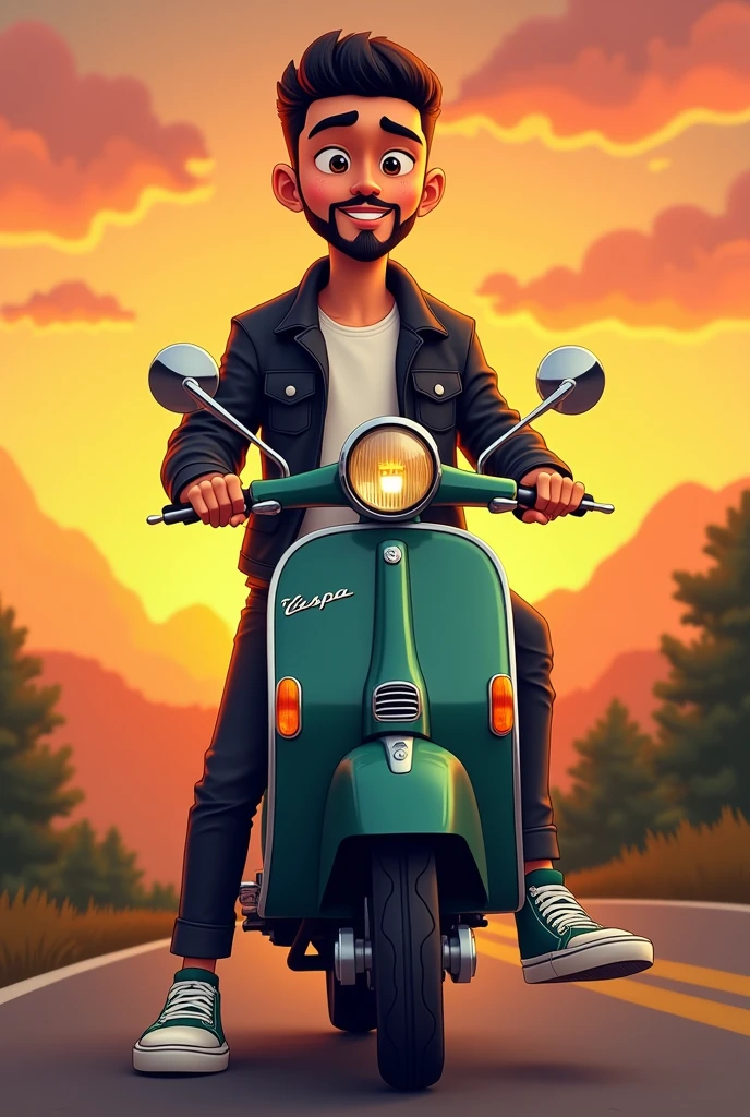I want a picture of a cartoon-type boy on a classic dark green matte Vespa motorbike, the boy has a short black beard , thin black eyebrows, black eyes, short black hair, square face, the photo in a background landscape with a sunset, Biker photo type the guy with a leather jacket and a white t-shirt inside, The black leather jacket half open revealing the t-shirt, black jeans and vans style shoes. With a happy expression without showing teeth just a subtle smile, thin. He has black rings on both ring fingers of his hands..